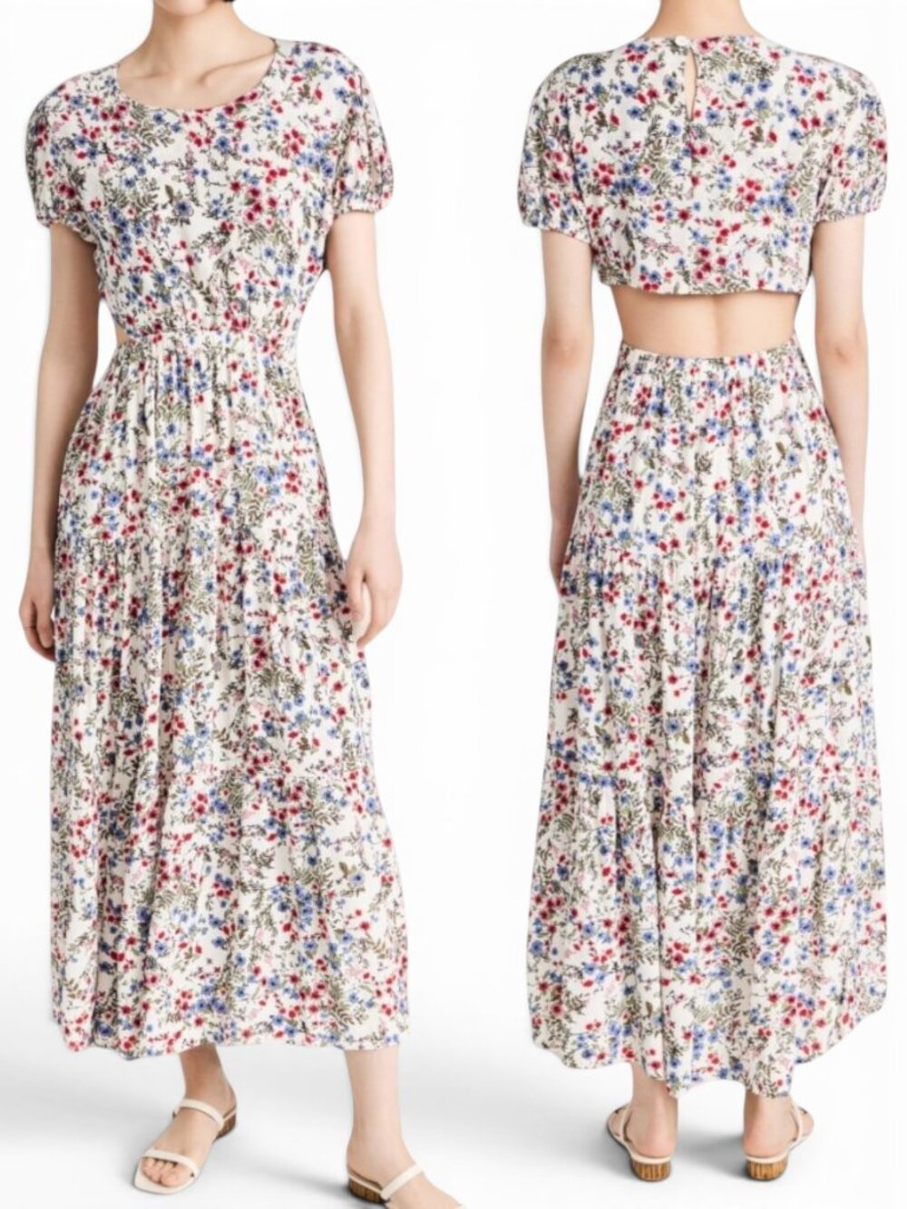 Sokie Collective The Peek-a-Boo Dress Floral Cutout Back Tiered Crinkle New L